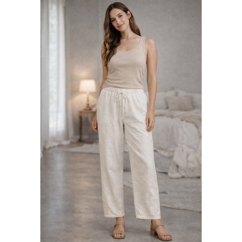 FLAX by Jeanne‎ Engelhart Linen Wide Leg Pants Cream Elastic Waist Size Small